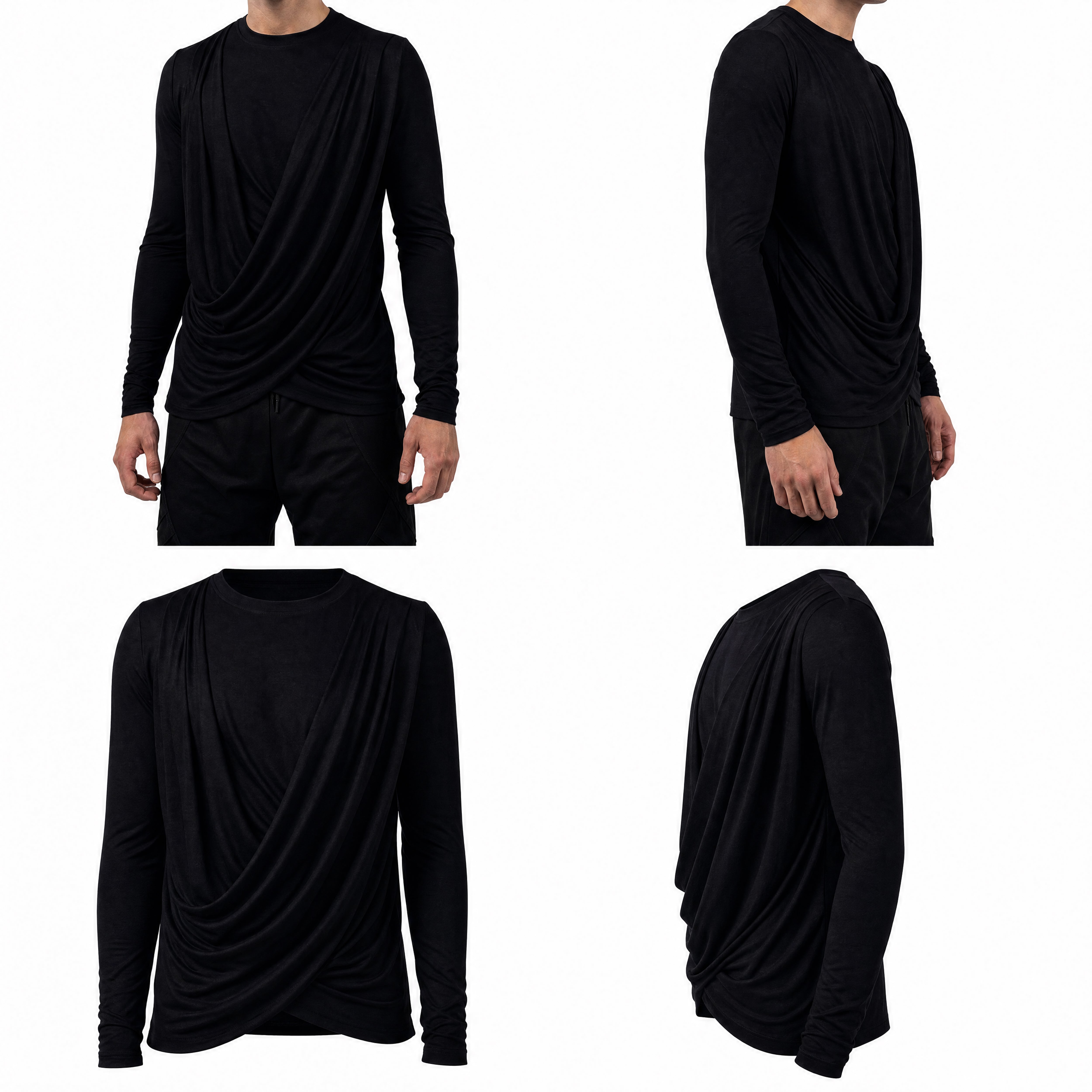 Black long-sleeve top with draped design worn by a person, shown from multiple angles on a white background.