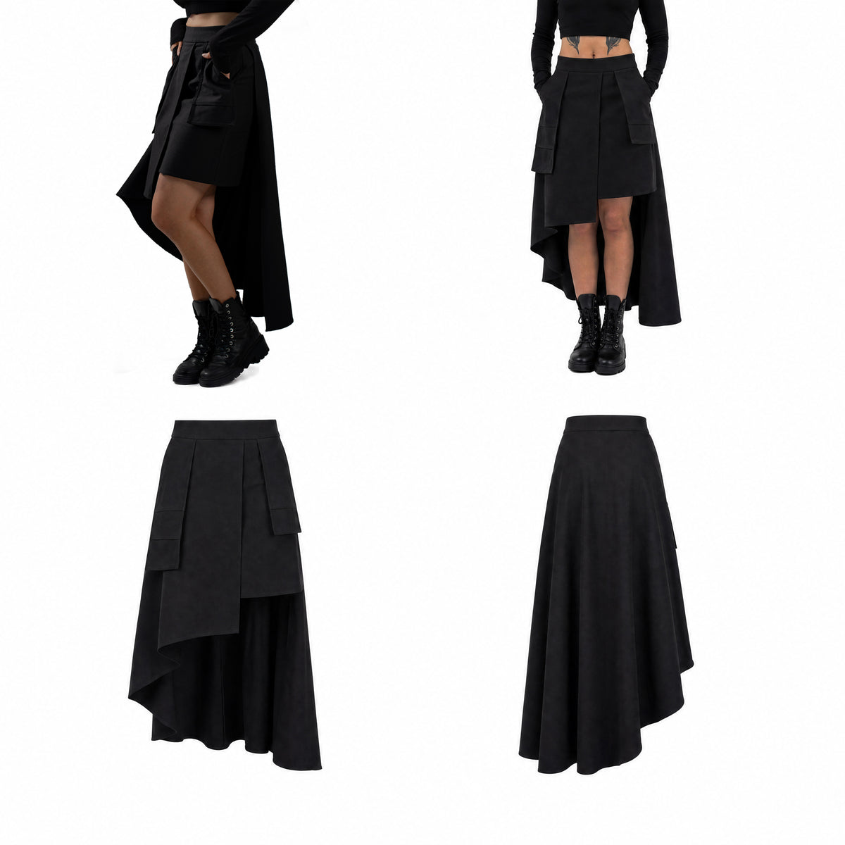 Black asymmetrical high-low skirt shown in four views: two on a model and two as a standalone product shot, featuring layered draped panels and side pockets. Black wrap woman skirt displayed from multiple angles on a white background
