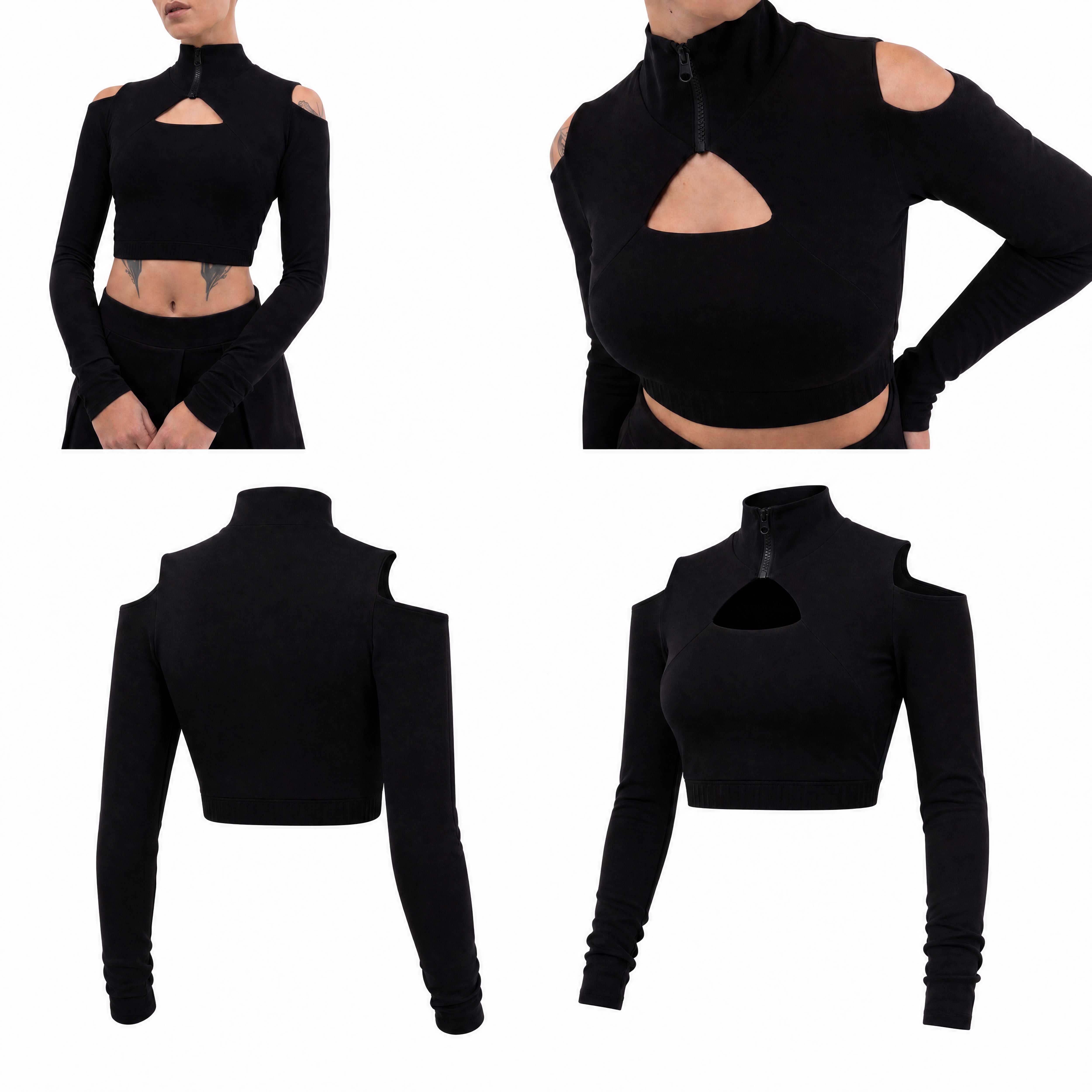 Black long-sleeve crop top with cut-out shoulders on a white background