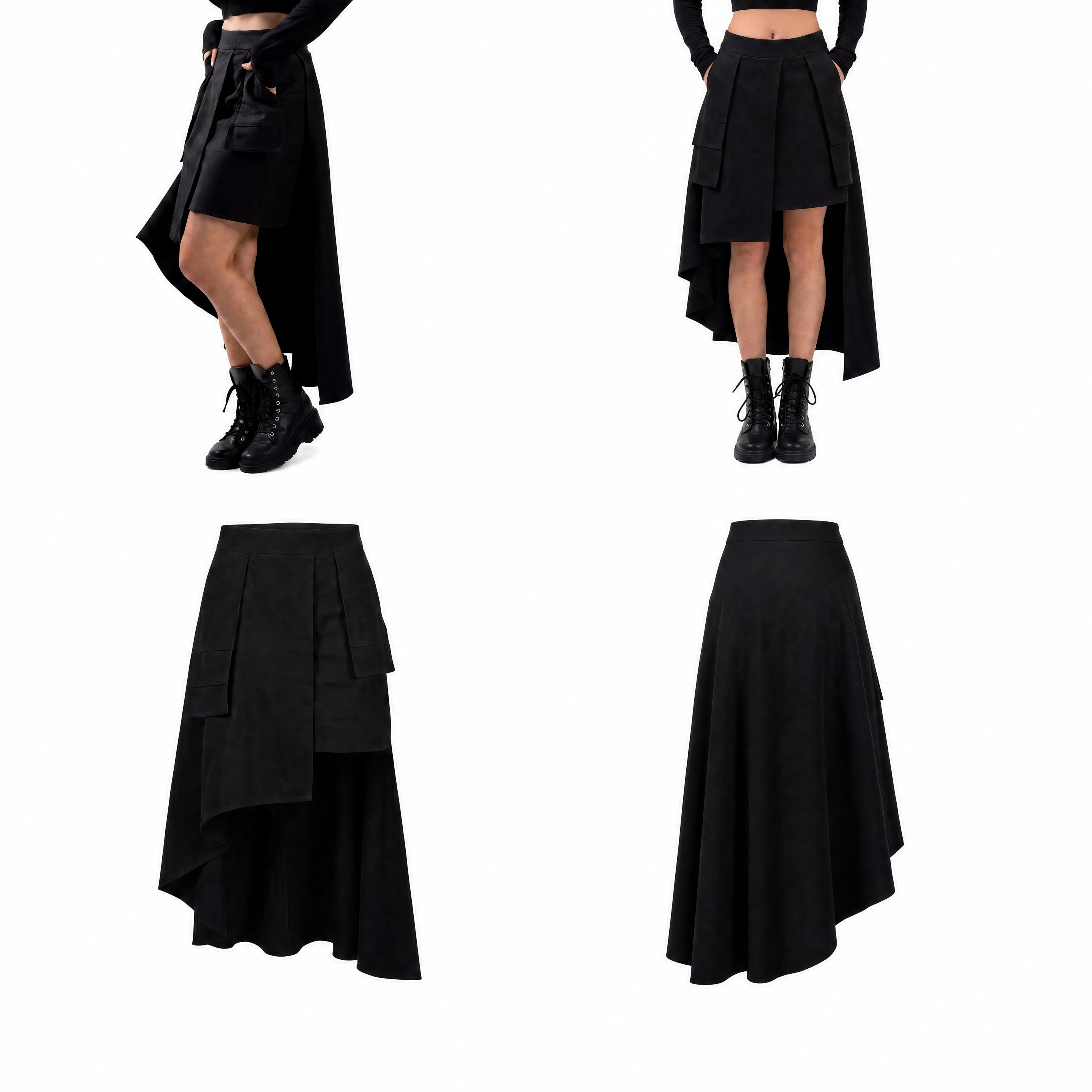Black wrap woman skirt displayed from multiple angles on a white background
