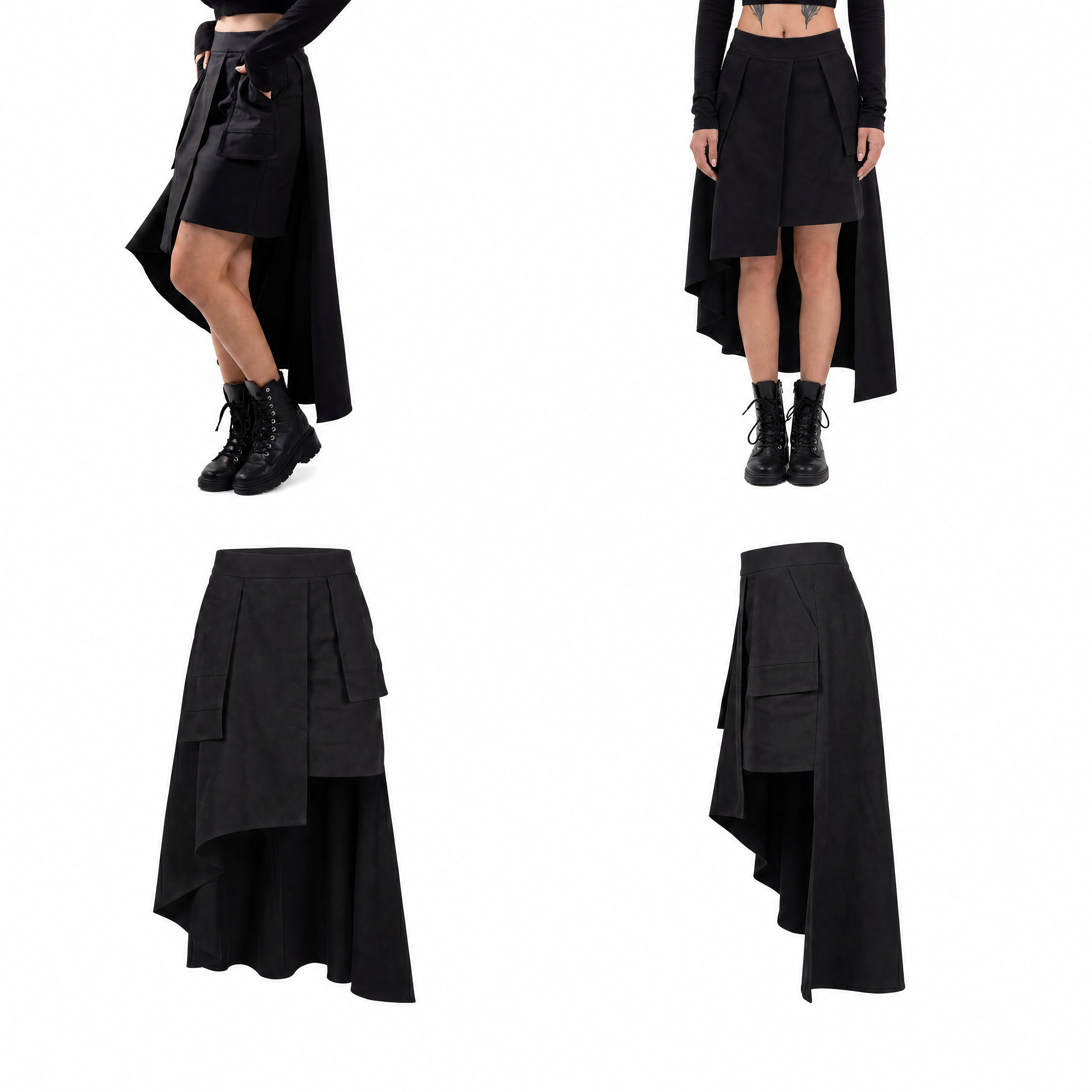 Black wrap woman skirt displayed from multiple angles on a white background