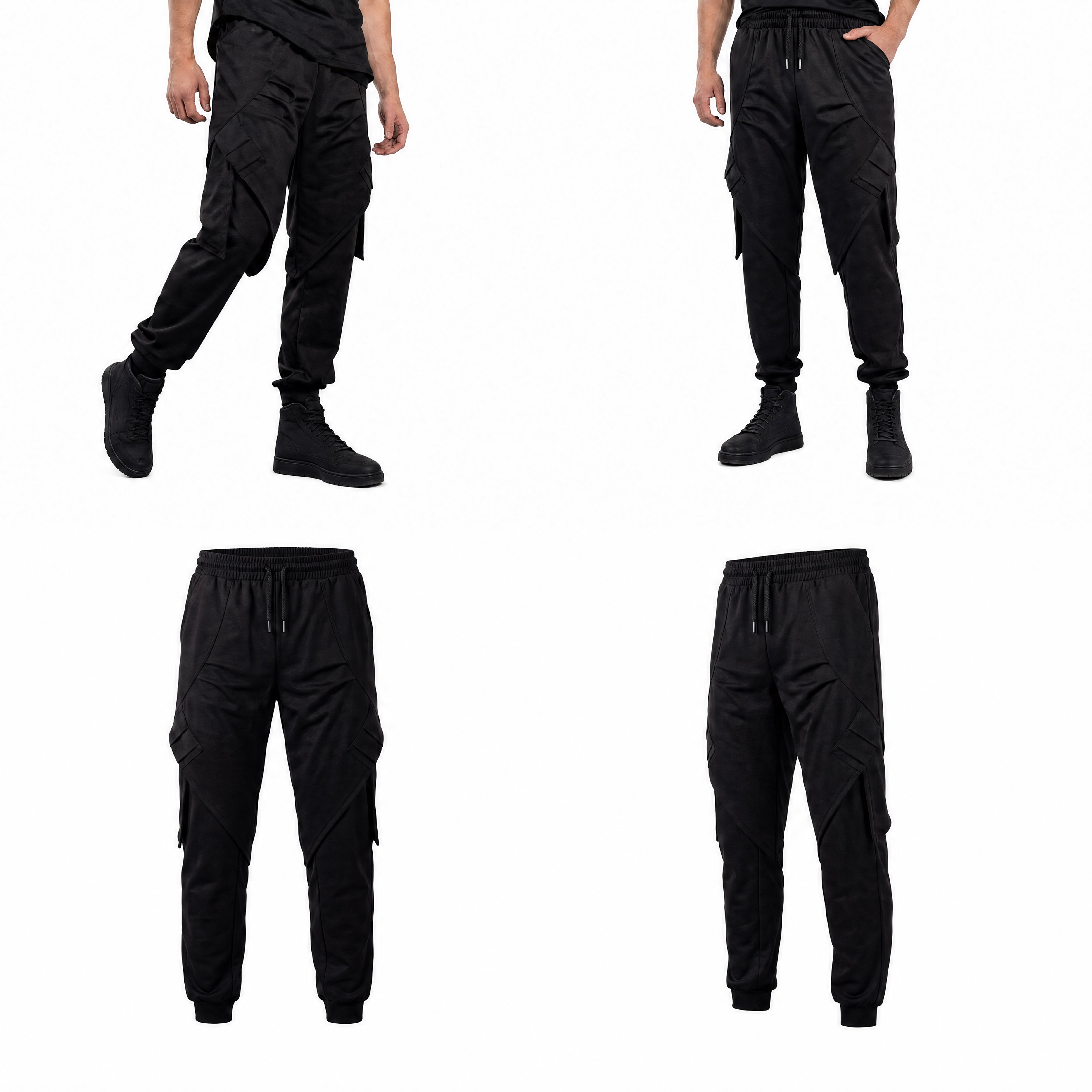 Black techwear casual jogger pants shown from multiple angles on a white background