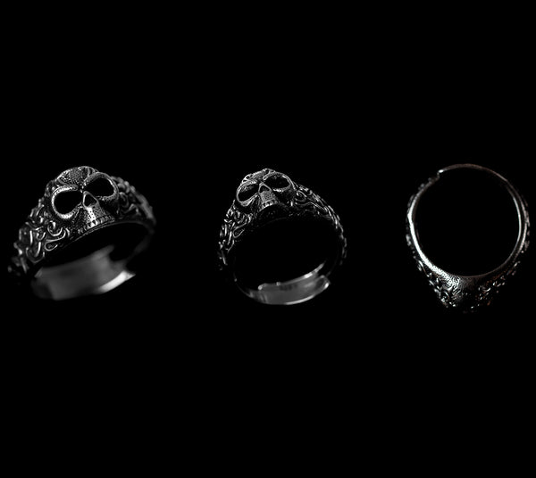 designer jewelry sterling silver skull ring product showcase from three perspectives